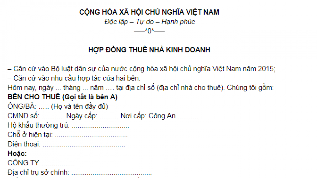 Hợp đồng thuê nhà kinh doanh mẫu cần có những thông tin nào?